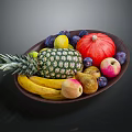Assorted Fresh Fruits in Wooden Bowl Featuring Pineapple Bananas Apples Plums and Lemon