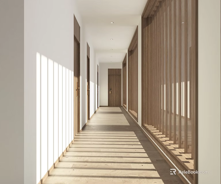 Minimalist Hotel Corridor Interior With Natural Sunlight Wooden Doors And Long Hallway 3d model 
