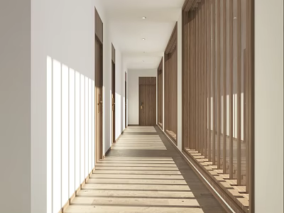 Minimalist Hotel Corridor Interior With Natural Sunlight Wooden Doors And Long Hallway 3d model