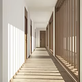 Minimalist Hotel Corridor Interior With Natural Sunlight Wooden Doors And Long Hallway