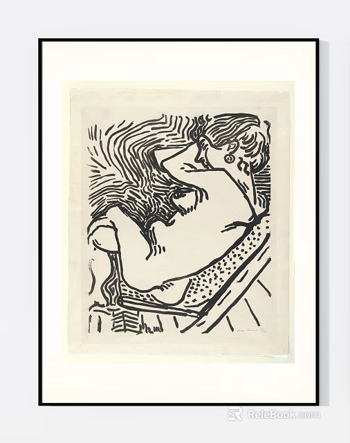 Black and White Ink Figure Drawing With Wavy Lines and Reclining Pose 3d model 