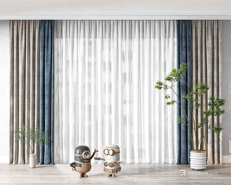 Modern Interior With Navy Blue Light Gray Curtains Sheer Panels And Green Plants 3d model 