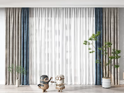 Modern Interior With Navy Blue Light Gray Curtains Sheer Panels And Green Plants 3d model