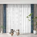 Modern Interior With Navy Blue Light Gray Curtains Sheer Panels And Green Plants