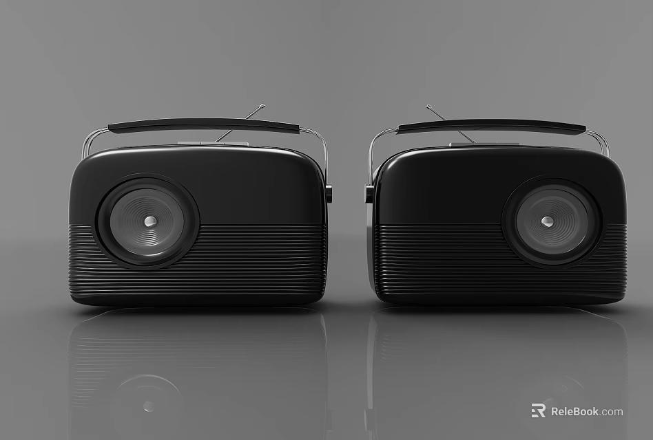 Black Retro Style Portable Speakers With Handle And Antenna Pair 3d model 