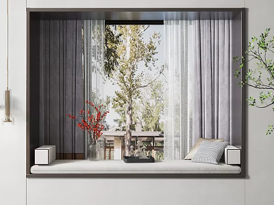 Cozy Bay Window With Soft Curtains Tree View Outside Cushions And Decorative Plants 3d model