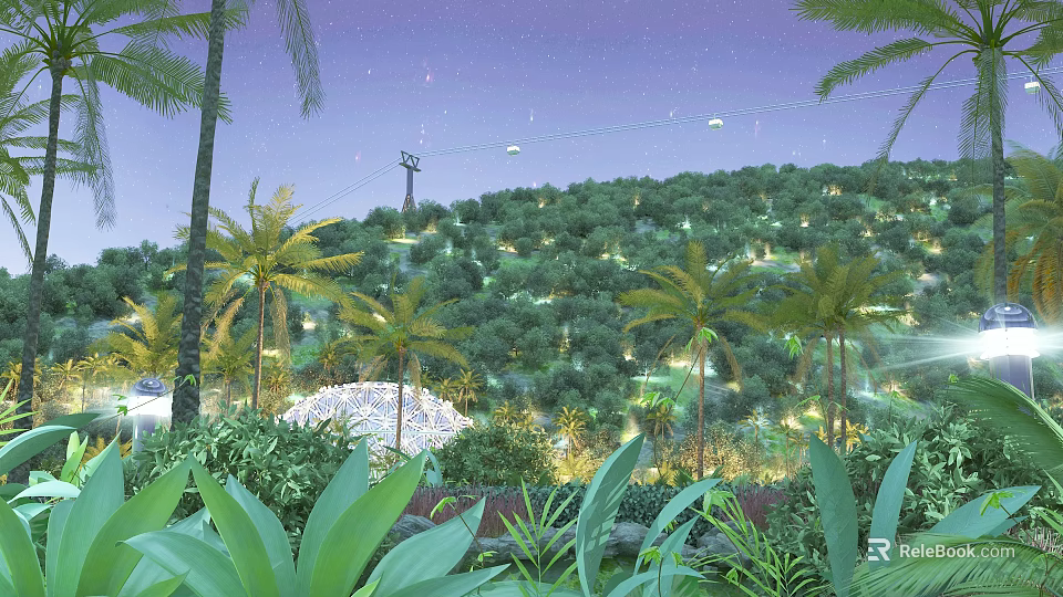 Garden Landscape With Palm Trees Illuminated Green Hillside Under Night Sky And Cable Cars 3d model 
