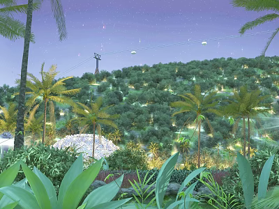 Garden Landscape With Palm Trees Illuminated Green Hillside Under Night Sky And Cable Cars 3d model