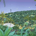 Garden Landscape With Palm Trees Illuminated Green Hillside Under Night Sky And Cable Cars