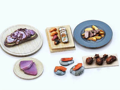 Delicious Assorted Fresh Food With Sushi Grilled Meat Sashimi Open Sandwich On Wooden Plates 3d model