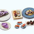 Delicious Assorted Fresh Food With Sushi Grilled Meat Sashimi Open Sandwich On Wooden Plates