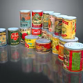 Various Stacked Canned Food With Colorful Labels And Different Brands