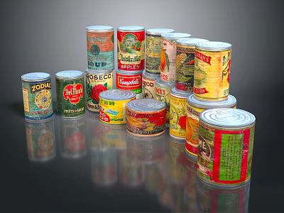 Various Stacked Canned Food With Colorful Labels And Different Brands 3d model