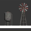 Vintage Red Silver Metal Water Tower And Windmill Models On Checkered Platform