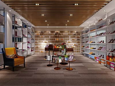 Fashionable Shoe and Bag Store with Shelves Round Display Tables Yellow Chair Wooden Ceiling Lighting 3d model