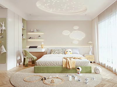 Kids Room Interior With Starry Round Ceiling Cloud Decorations Green Bed And Toys 3d model