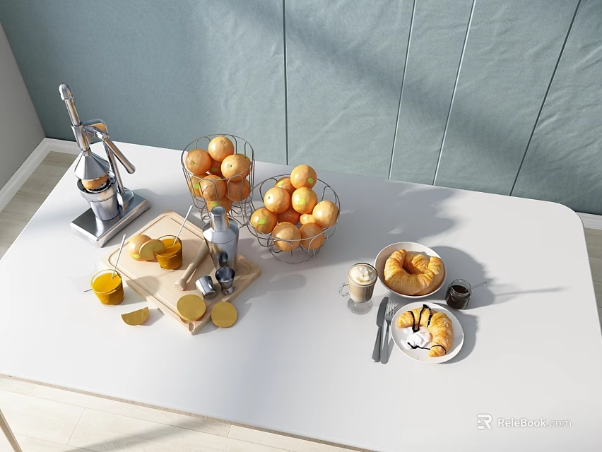 Fresh Oranges and Croissants with Sliced Oranges Butter and Juicer on White Countertop 3d model 