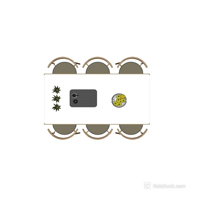 White Rectangular Dining Table Set With Six Wooden Chairs Plants Black Device Yellow Plate 3d model 