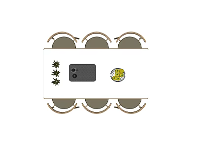 White Rectangular Dining Table Set With Six Wooden Chairs Plants Black Device Yellow Plate 3d model