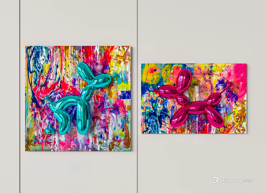 Colorful Abstract Wall Decor With Blue And Pink Balloon Dog Art Pieces 3d model 