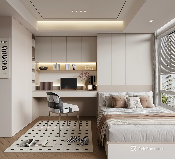 Modern Tatami Bedroom Interior With Desk Chair Bookshelf And Minimalist Storage Design 3d model 