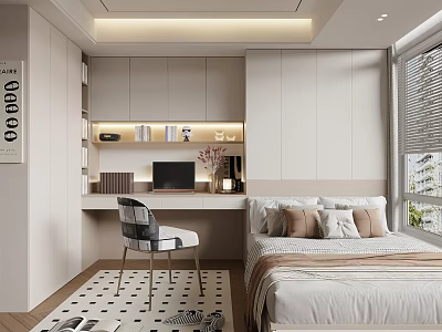 Modern Tatami Bedroom Interior With Desk Chair Bookshelf And Minimalist Storage Design 3d model