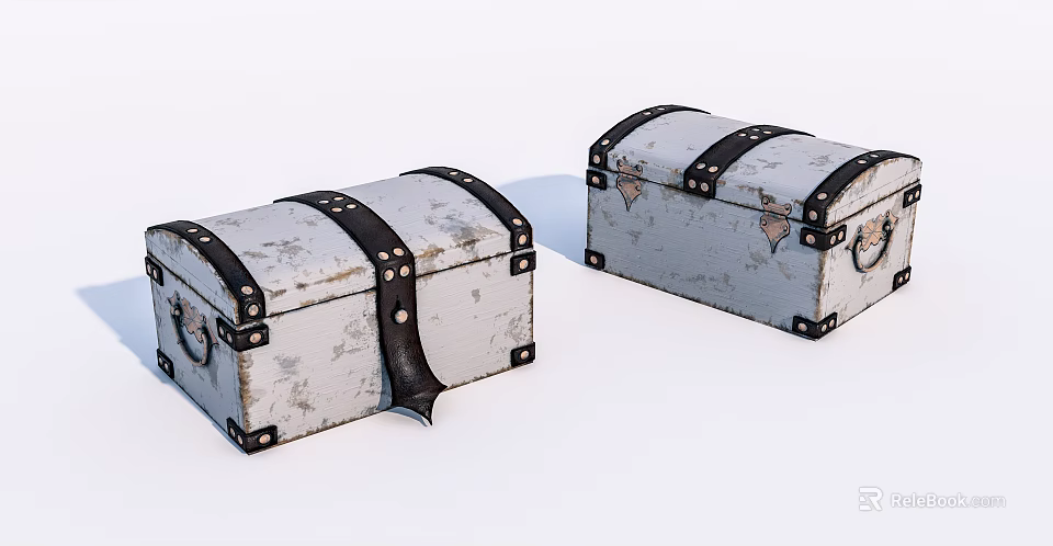 Two Distressed Vintage White Trunks With Black Leather Straps And Rivets 3d model 