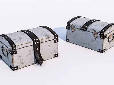 Two Distressed Vintage White Trunks With Black Leather Straps And Rivets 3d model