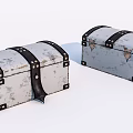 Two Distressed Vintage White Trunks With Black Leather Straps And Rivets