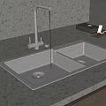 Modern Stainless Steel Double Bowl Kitchen Sink With Faucet Water Flowing On Gray Countertop