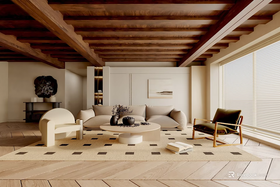 Warm Modern Living Room Interior With Wooden Ceiling Beams Beige Sofa And Round Coffee Table 3d model 