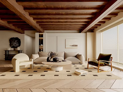 Warm Modern Living Room Interior With Wooden Ceiling Beams Beige Sofa And Round Coffee Table 3d model