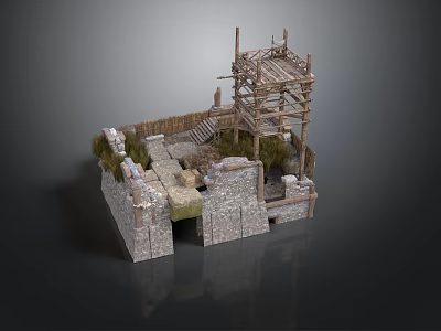 Ancient City Wall Tower 3D Model With Wooden Scaffolding Stone Structure And Grass Details 3d model