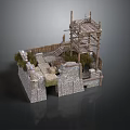 Ancient City Wall Tower 3D Model With Wooden Scaffolding Stone Structure And Grass Details