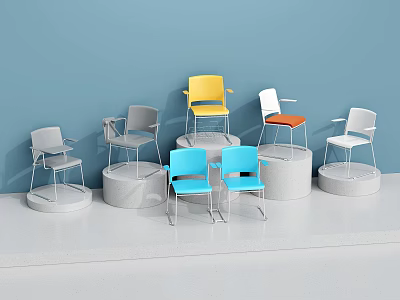 Colorful Modern Single Chairs Displayed On White Pedestals With Blue Background 3d model