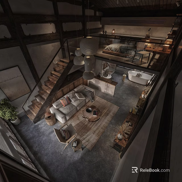 Modern Loft Apartment Interior With Wooden Stairs Sofa Pendant Lights And Bathtub 3d model 