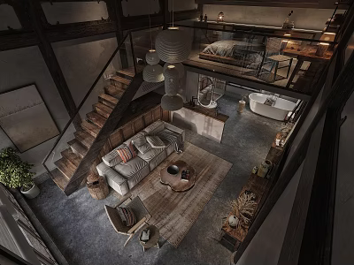 Modern Loft Apartment Interior With Wooden Stairs Sofa Pendant Lights And Bathtub 3d model