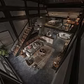 Modern Loft Apartment Interior With Wooden Stairs Sofa Pendant Lights And Bathtub