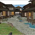 Traditional Garden Space With Thatched Roof Architecture Stone Path Green Plants And Pedestrians