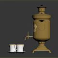 Golden Decorative Samovar With Engraved Pattern And White Tea Cups On Saucers