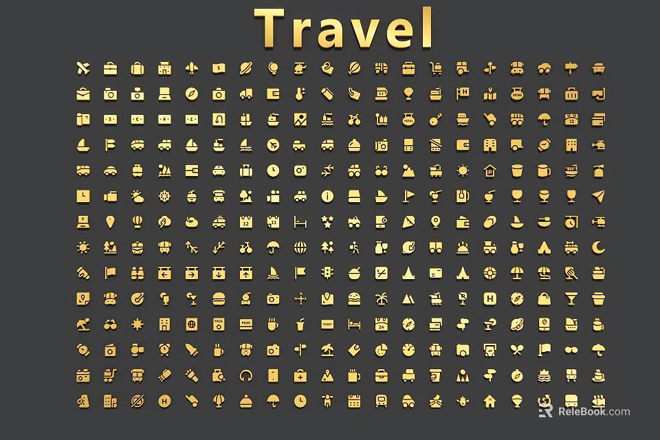 Golden Travel Themed Decorative Icons And Charms Collection For Travel Enthusiasts 3d model 
