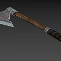 Ancient Weapon With Wooden Handle And Metal Head Featuring Intricate Red Black Labyrinth Patterns
