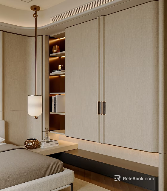 Elegant Modern Wardrobe Design With Fabric Doors Metal Handles And Built-in Lighting 3d model 