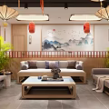 Traditional Hot Pot Restaurant Interior With Red Lanterns Cherry Blossom Decorations And Bar Counter