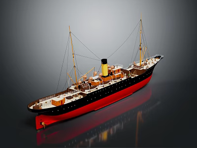 Wooden Ship Model With Red Hull Black Upper Deck Masts Yellow Chimney And Detailed Design 3d model
