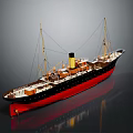 Wooden Ship Model With Red Hull Black Upper Deck Masts Yellow Chimney And Detailed Design