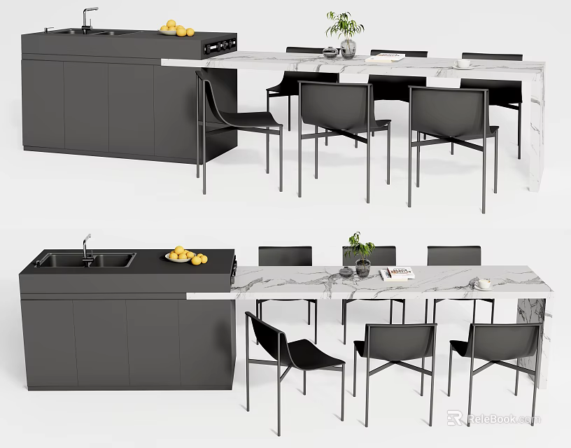 Modern Dining Table Set With Marble Top Black Chairs And Cabinets 3d model