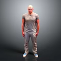 Bald Man Wearing Gray Short Sleeve T Shirt and Gray Sweatpants Standing Pose