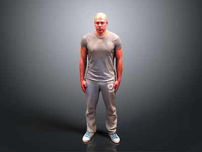 Bald Man Wearing Gray Short Sleeve T Shirt and Gray Sweatpants Standing Pose 3d model