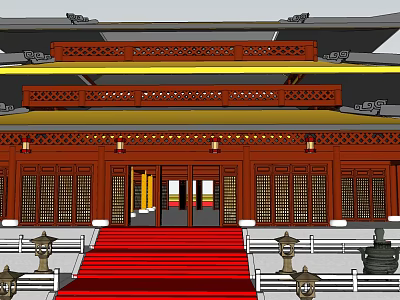 Ancient Architecture Traditional Exterior Design With Carved Wooden Structure Red Carpet And Lanterns 3d model